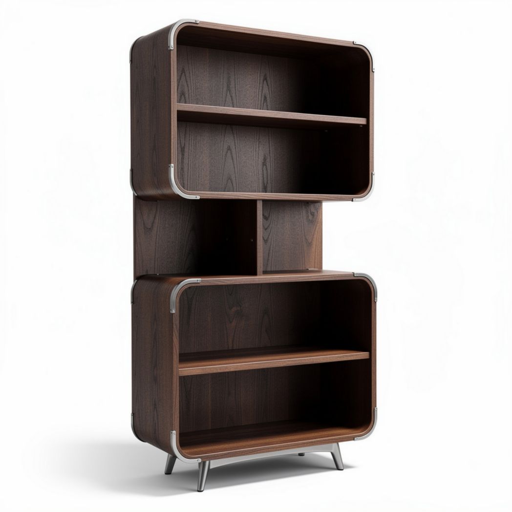 Wooden storage shelf with open compartments and metal accents 80 x 40 x 160cm