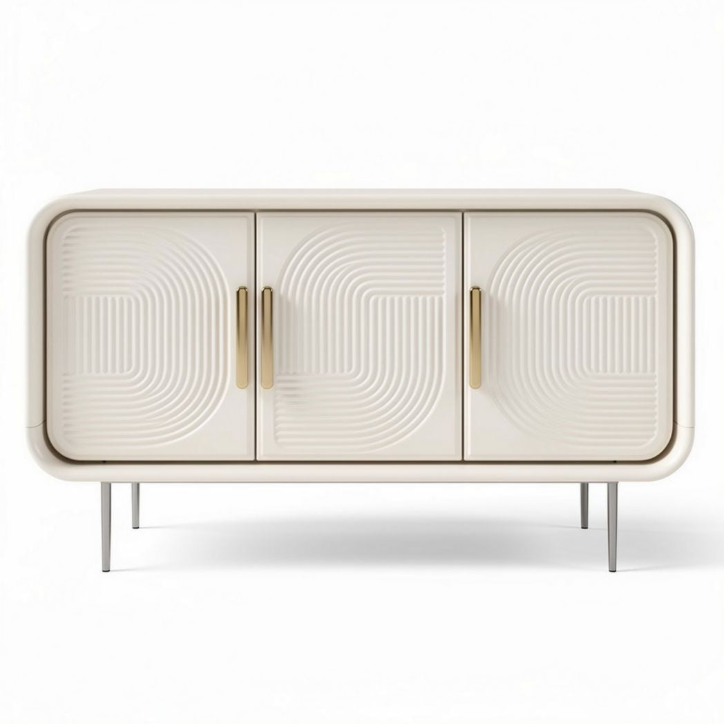 Textured white sideboard cabinet with gold legs and modern design 140 x 45 x 75cm