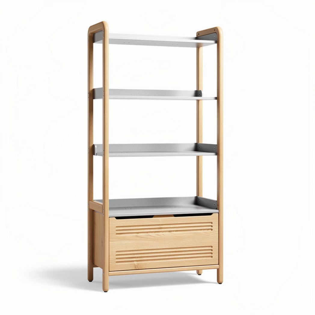 Wooden bookshelf with storage drawer and four shelves in natural finish 80 x 40 x 180cm