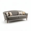 Mid-century modern three-seater sofa in grey fabric with cushion accents