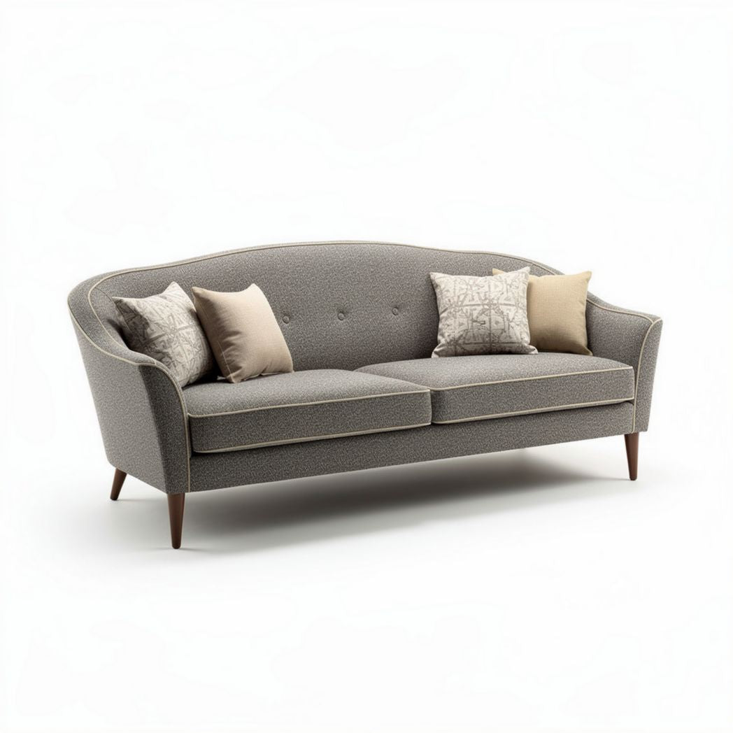 Mid-century modern three-seater sofa in grey fabric with cushion accents