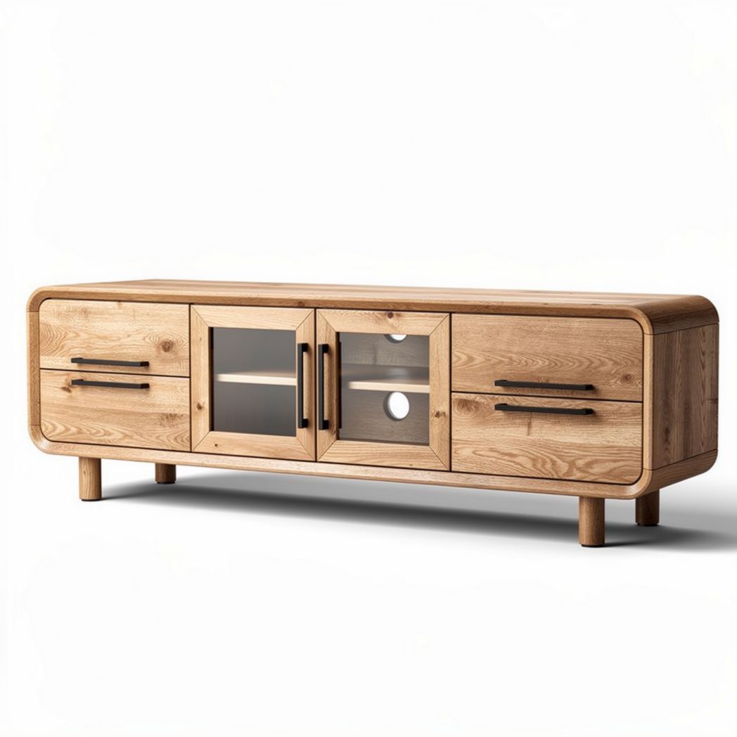 Wooden media console with glass doors and storage space 150 x 40 x 50cm
