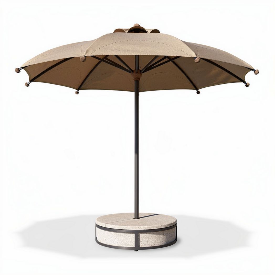 Outdoor patio umbrella with beige canopy and heavy base for stability