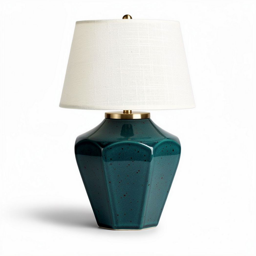 Ceramic table lamp in teal with white fabric shade 30 x 30 x 50cm