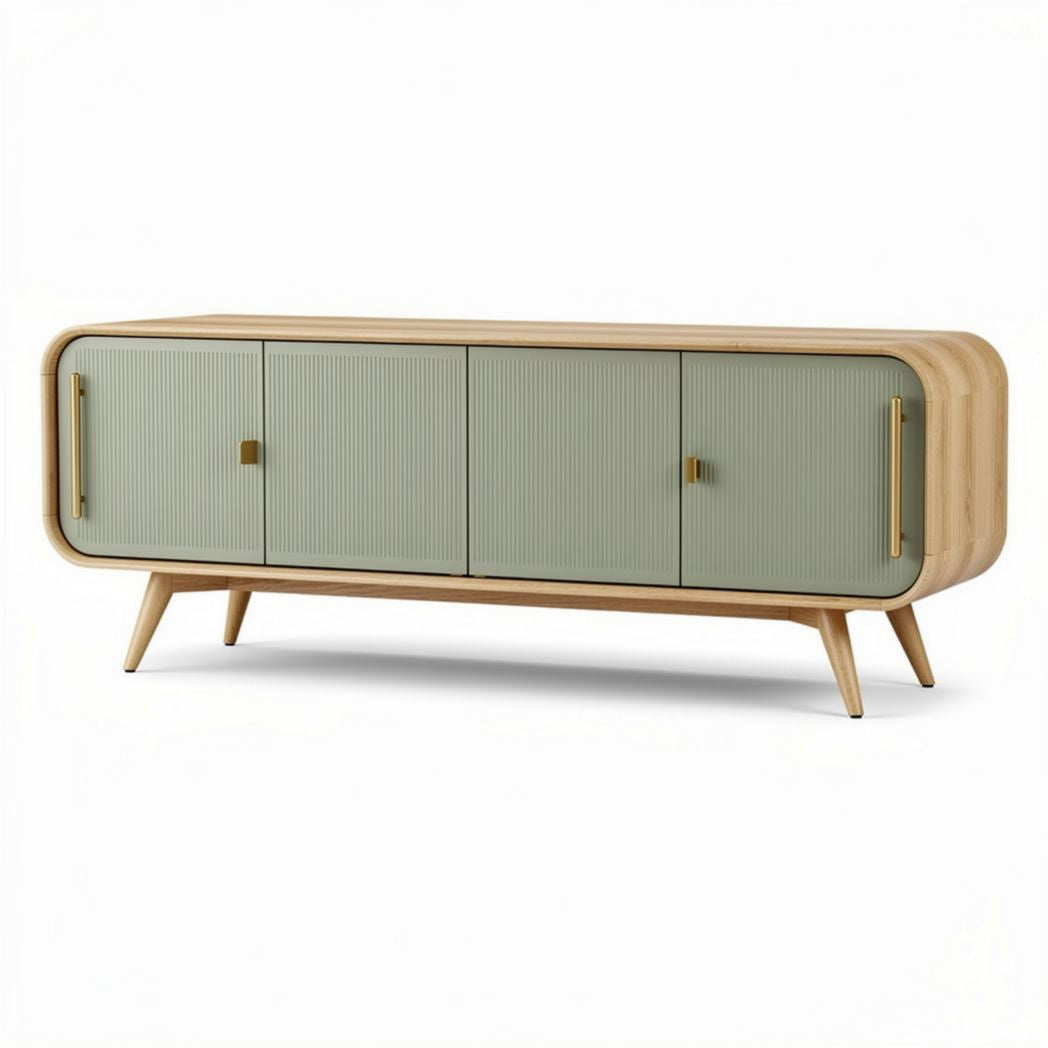 Mid-century modern wooden sideboard with green cabinet doors 150 x 40 x 60cm