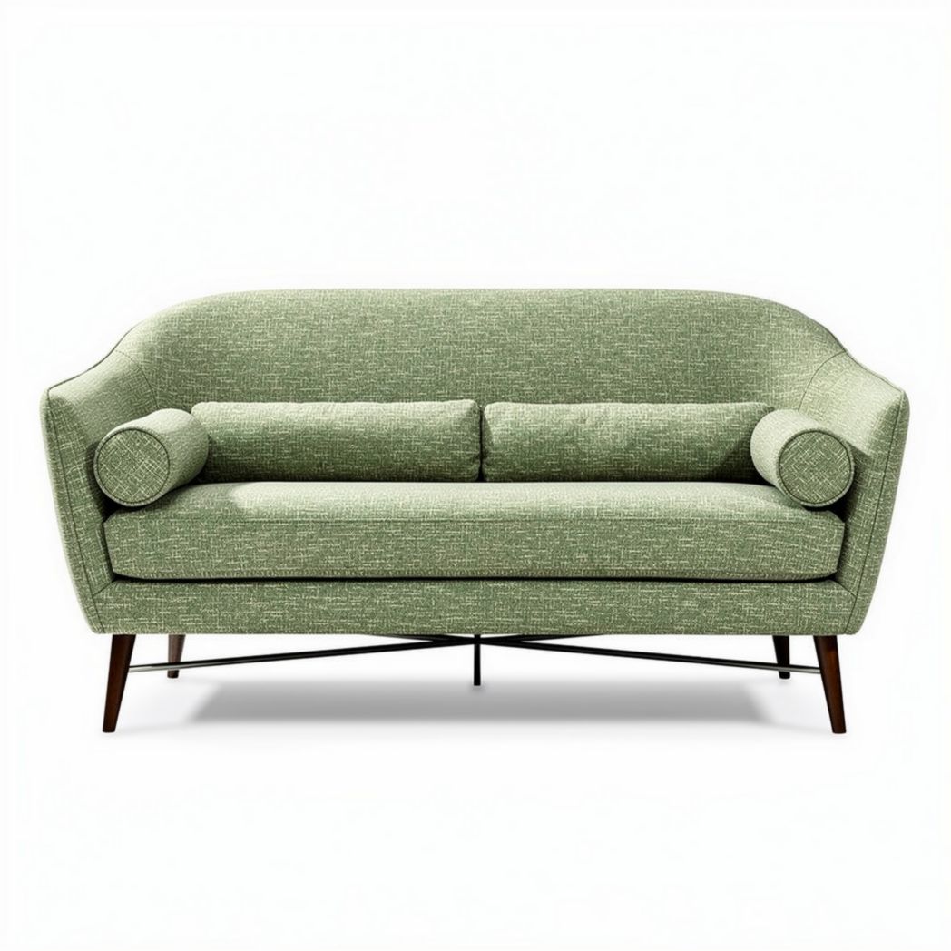 Green upholstered two-seater sofa with wooden legs and decorative cushions