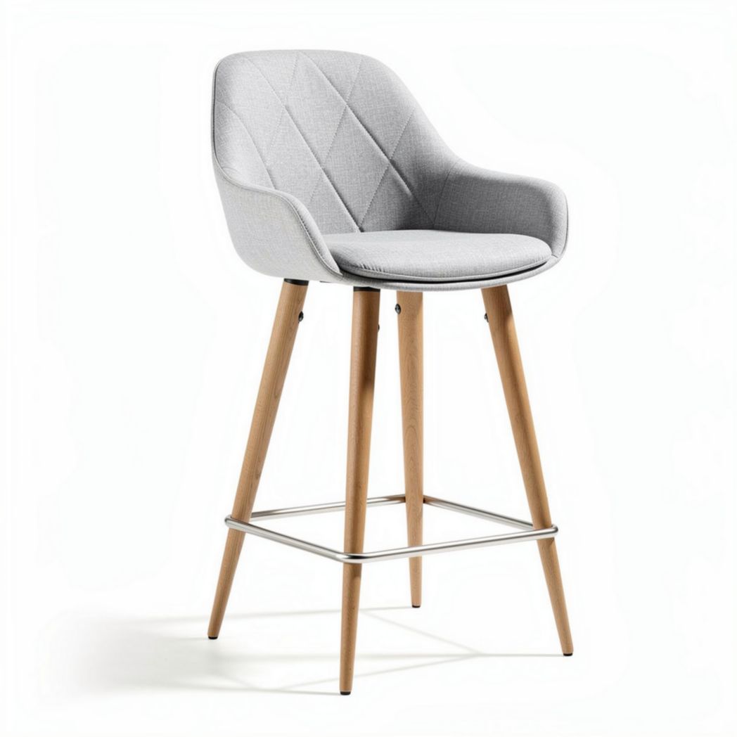 Fabric upholstered bar stool with wood legs and steel footrest 45 x 50 x 100cm