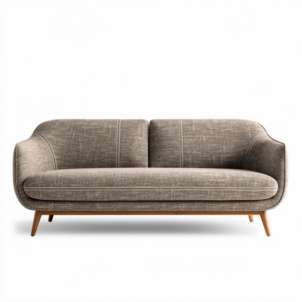 Modern two-seater sofa in grey fabric with wooden legs measuring 200 x 90 x 75cm